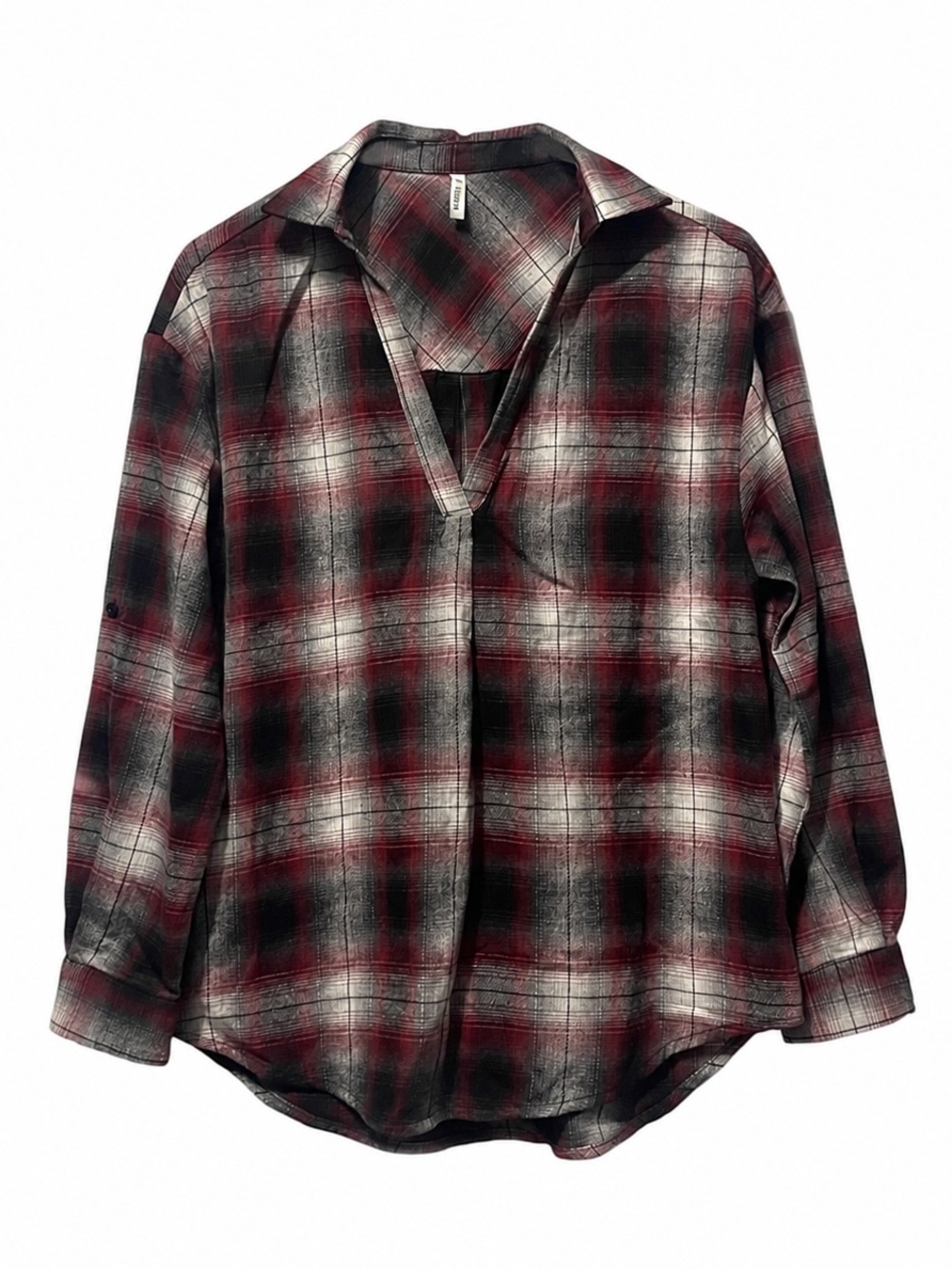 Halara Women’s Burgundy Gray Plaid Long Sleeve Popover Blouse | Size Small